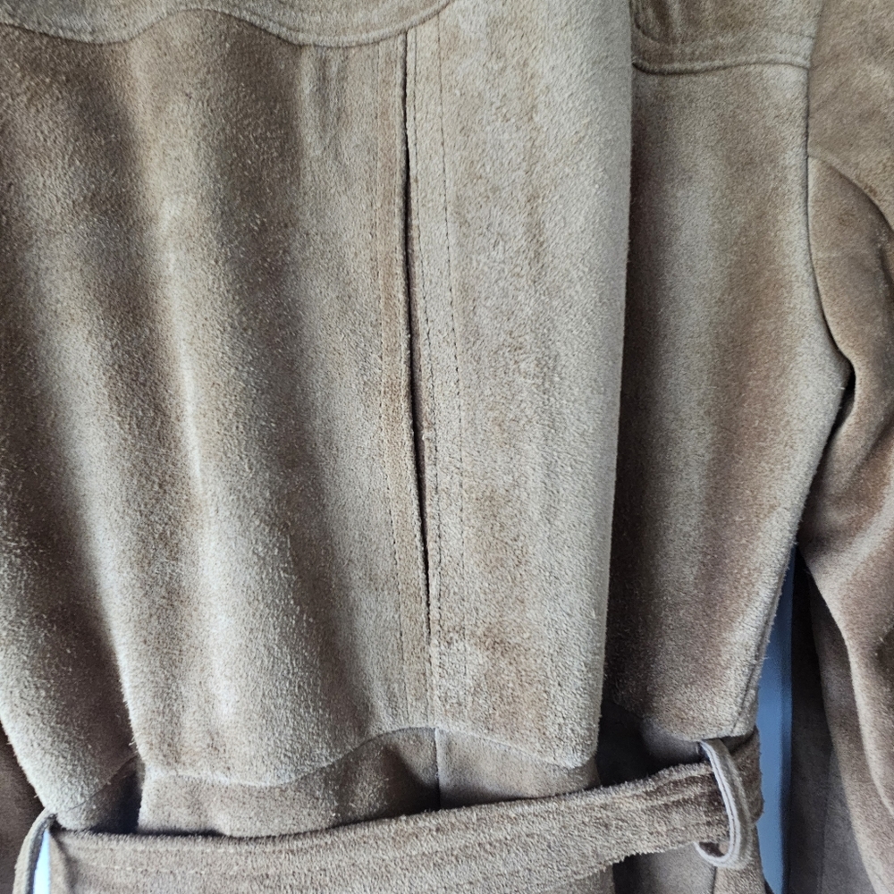Vintage Genuine Suede Leather Tan Belted Pleated Pockets Pennylane Coat - Picture 9 of 16